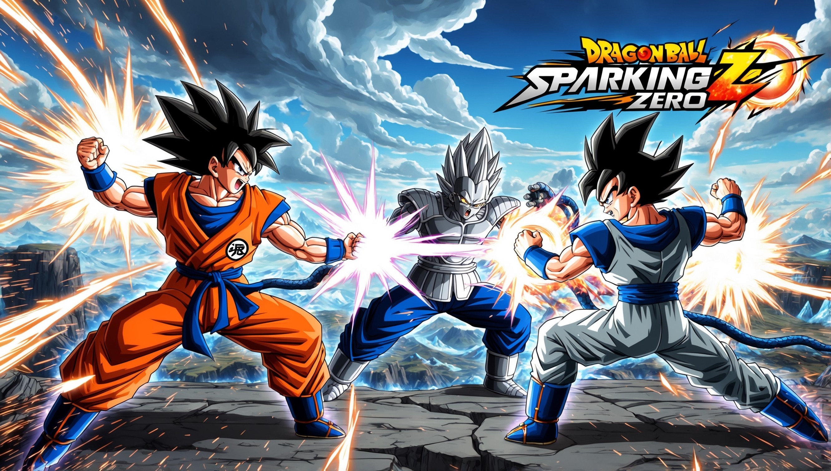 A vibrant, action-packed scene depicting a fierce battle from the Dragon Ball: Sparking Zero game, set against a backdrop of swirling clouds and distant mountains, with Goku and Vegeta facing off against Frieza, their intense aura and powerful ki blasts illuminating the atmosphere, their iconic gi and hairstyle rendered in meticulous detail, with bold, vibrant colors and dynamic shading, the sparks and energy blasts bursting with kinetic energy, the layout dynamic and asymmetrical, with a cinematic feel, as if captured in the heat of the moment, the characters' facial expressions showcasing their determination and focus, Goku's bright blue gi and spiky black hair contrasting with Vegeta's sleek, silver armor and regal, defiant gaze, Frieza's menacing, sinister grin and cold, calculating eyes, with the game's logo, 