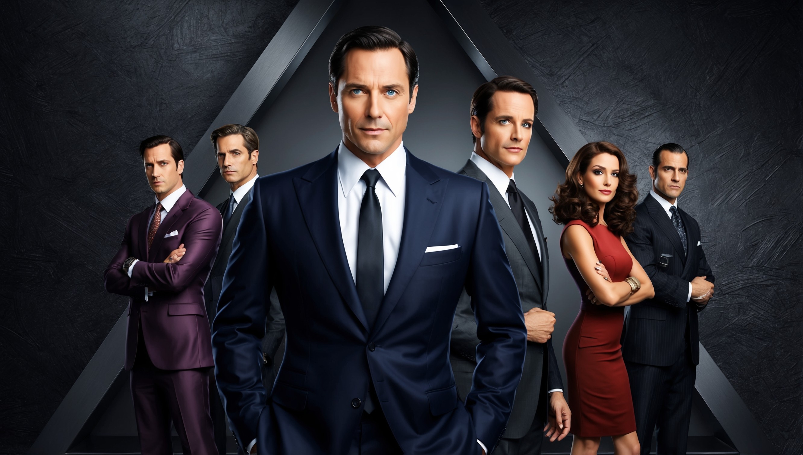 A sophisticated, high-contrast illustration of the main characters from the Suits TV series, set against a dark, richly textured background, evoking a sense of power and luxury. Harvey Specter, the charismatic and confident lead, stands center, dressed in a tailored, navy blue suit, crisp white shirt, and slim black tie, his piercing blue eyes gazing directly at the viewer. Mike Ross, the brilliant and endearing protégé, stands to his right, wearing a slightly rumpled, charcoal grey suit, white shirt, and no tie, his bright green eyes shining with intelligence. Louis Litt, the rival lawyer, stands to the left, dressed in a bold, plum-colored suit, white shirt, and patterned tie, his sharp jawline and angular features exuding confidence. Donna Paulsen, the sassy and stylish secretary, stands behind Harvey, dressed in a fitted, fiery red dress, her curly brown hair cascading down her back. The characters are arranged in a triangular formation, with subtle, atmospheric lighting highlighting their facial features and clothing.