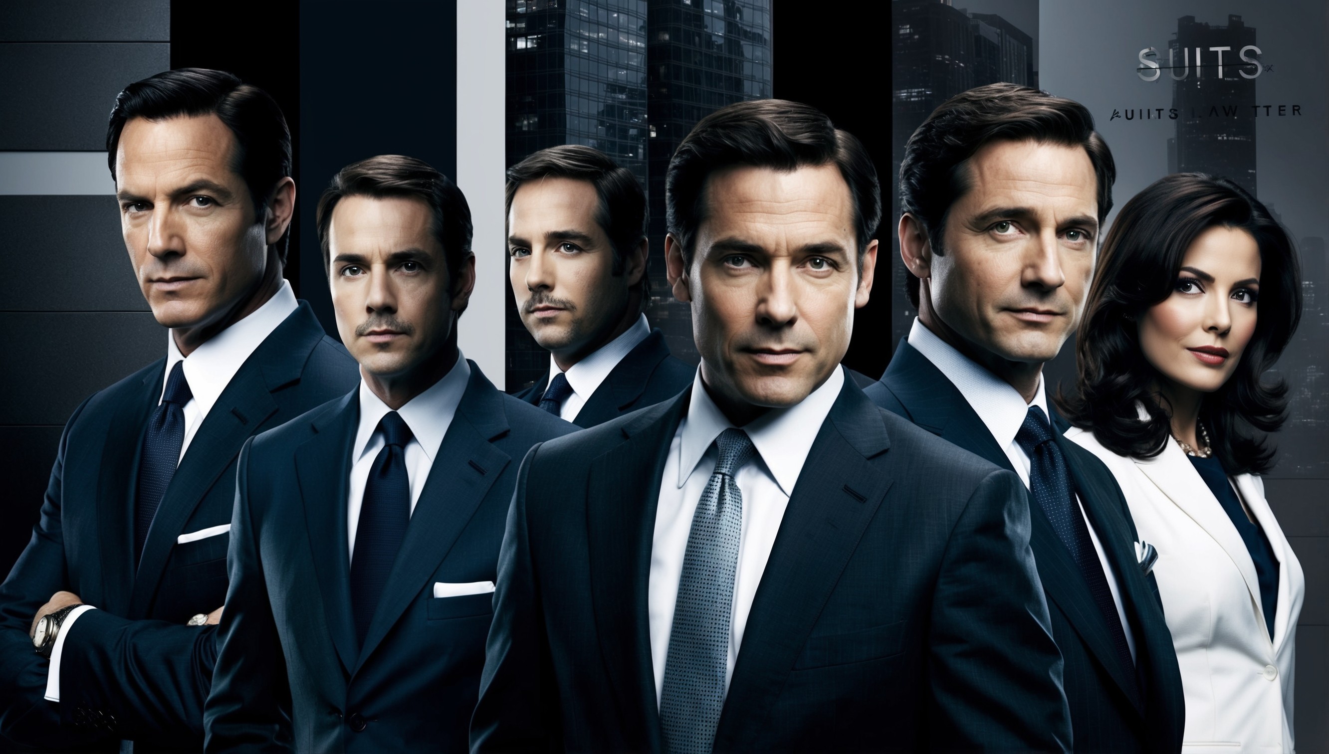 A sleek, high-contrast image depicting the main characters from the popular Suits TV series, set against a dark, muted background with subtle cityscape elements, such as skyscrapers or law firm signage. The characters, including Harvey Specter, Mike Ross, Louis Litt, and Donna Paulsen, are dressed in their signature attire, with crisp suits, white shirts, and ties, showcasing their confident and assertive personalities. Harvey's facial features are chiseled, with a strong jawline and piercing eyes, while Mike's youthful energy is captured with a subtle smile and an air of quiet confidence. The color palette is dominated by dark blues, grays, and whites, with accents of rich wood tones, evoking a sense of luxury and sophistication. The overall style is modern, with clean lines, and a cinematic feel, as if the characters are about to engage in a high-stakes legal battle.