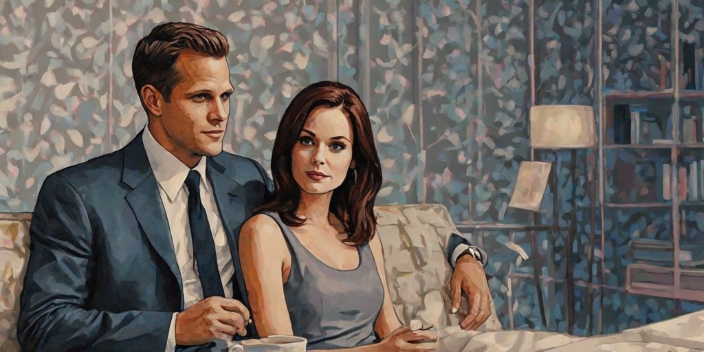 A tender, warm-toned illustration of Harvey Specter and Donna Paulsen from the TV series Suits, capturing the essence of their slow-burn romance and unwavering loyalty. Set against a soft, gradient blue background, evoking a sense of trust and sophistication, the two characters sit together on a plush, dark leather couch, their bodies angled inward, conveying a deep emotional connection. Harvey, dressed in a tailored, charcoal grey suit, with a crisp white shirt and a slim black tie, looks at Donna with piercing, bright blue eyes, his strong jawline and chiseled features a picture of confidence and affection. Donna, wearing a fitted, burgundy red dress with a subtle pattern, her raven-black hair styled in loose, effortless waves, gazes back at Harvey with warm, honey-brown eyes, her full lips curled into a gentle, knowing smile. The atmosphere is intimate and quiet, with delicate, golden light illuminating the scene, symbolizing the warmth and depth of their bond.