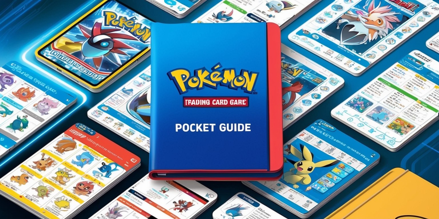 A colorful, compact, and visually appealing illustration of a Pokémon Trading Card Game Pocket guide, featuring a sturdy cover with a matte finish, adorned with the iconic Pokémon logo in bold, bright blue and red hues, situated prominently at the top center of the guide. The background is a subtle gradient of electric blue and white, evoking a sense of excitement and adventure. The guide's layout is clean and organized, with sections and headers in a clear, easy-to-read font, resembling a combination of sans-serif and serif typography. The pages are filled with detailed illustrations of various Pokémon, their stats, and characteristics, all presented in a neat and compact format, making it easy to navigate and Refer to while on-the-go. The overall design is reminiscent of a retro-style guidebook, with a touch of modern flair, inviting Pokémon trainers to explore and learn about their favorite creatures.