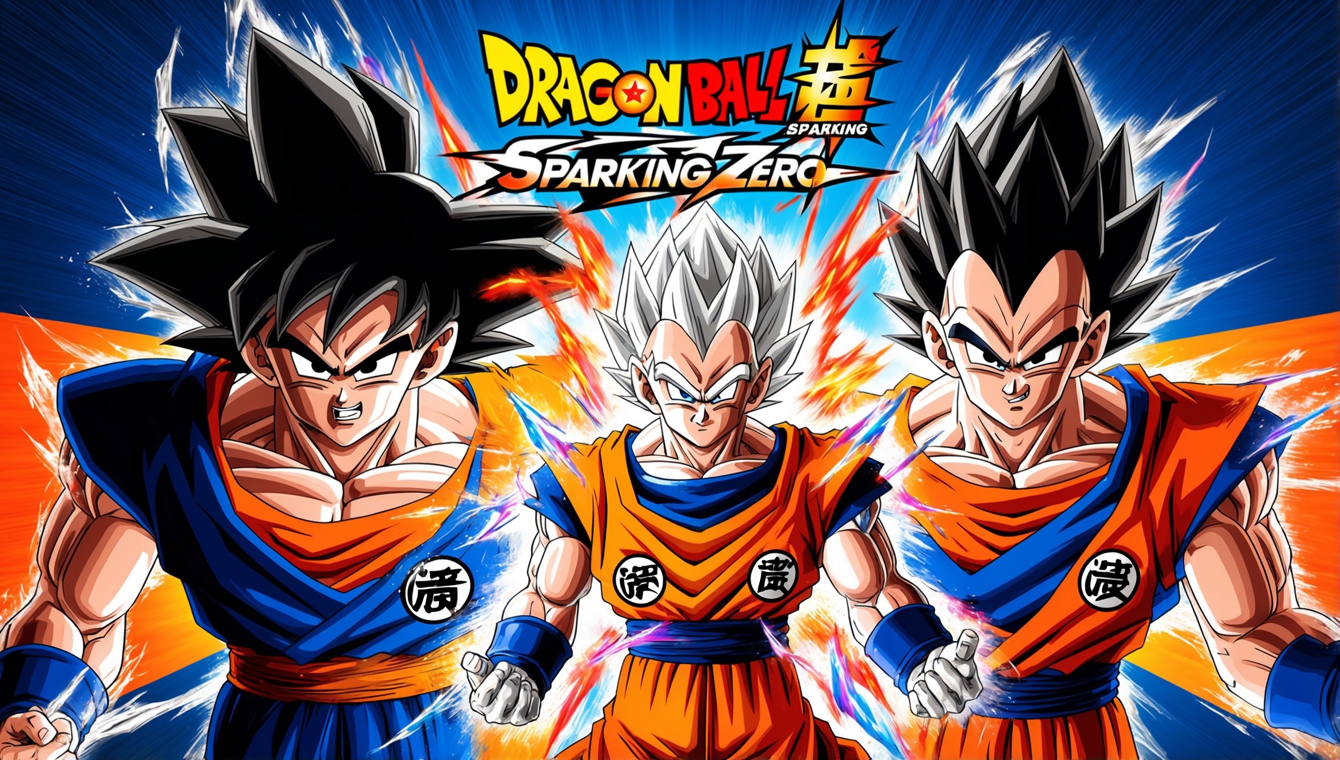 A vibrant, action-packed key art for the Dragon Ball: Sparking Zero game, featuring Goku and Vegeta in the center, surrounded by a halo of energetic aura, with bold, dynamic lines and bursting colorful effects, set against a deep blue and orange gradient background, evoking a sense of intense battle and extraordinary power, with subtle texture and intricate details on the characters' muscles and armor, their facial expressions determined and focused, Goku's spiky black hair and Vegeta's prideful smirk standing out, theDragon Ball logo emblazoned in metallic silver at the top, with bold, futuristic game title font in white and orange, and a subtle hint of ki energy radiating from the characters, capturing the essence of the iconic franchise's epic battles and heroic spirit.