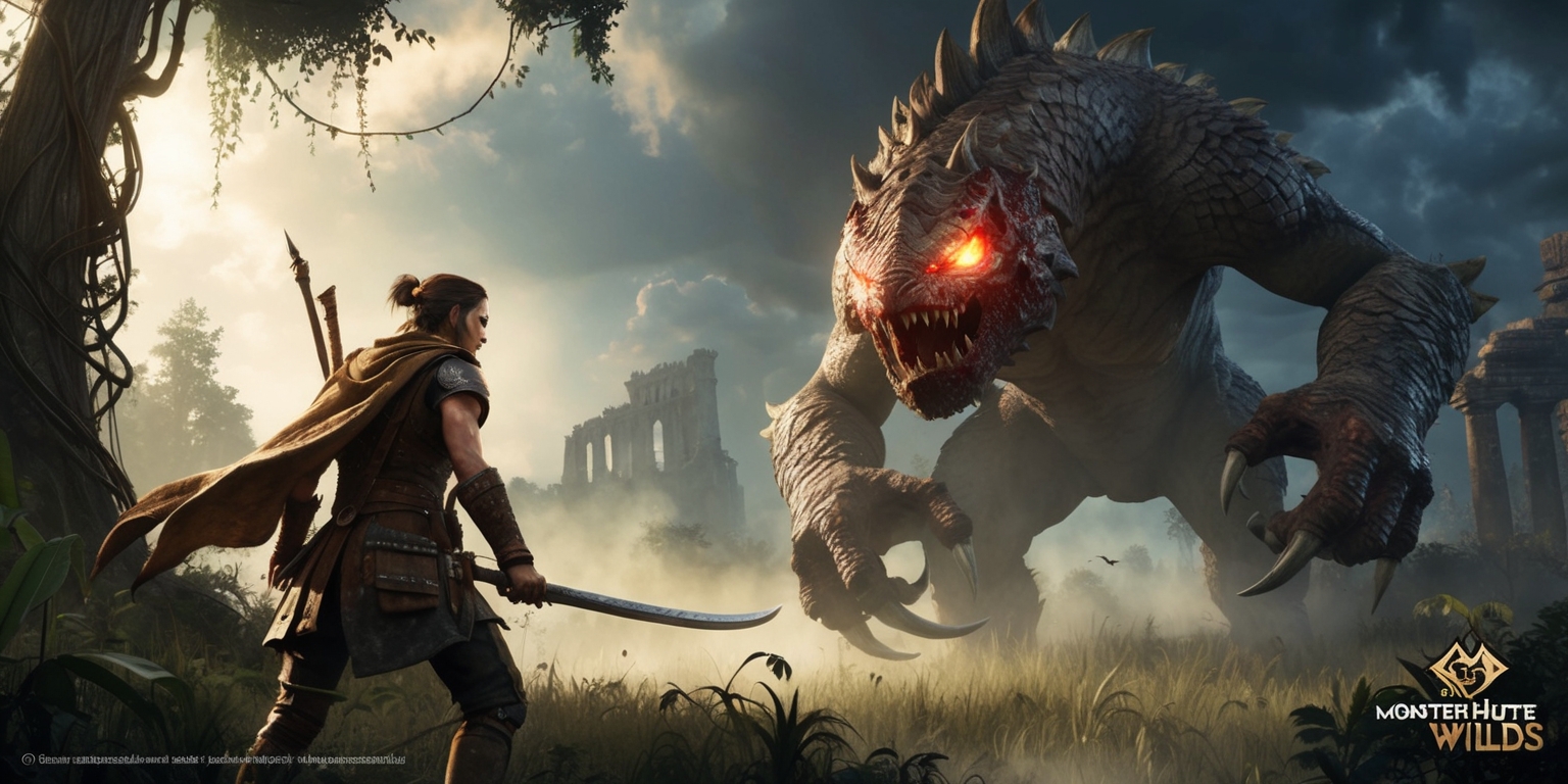 A dramatic scene from the Monster Hunter Wilds game, featuring a fearless hunter in the foreground, dressed in worn leather armor and worn cloak, with a determined expression on their weathered, sun-kissed face, standing at the edge of a dense, misty forest, with towering trees and twisted vines behind them, illuminated by a warm, golden light, with a massive, scale-covered monster, with glowing red eyes, emerging from the darkness, its claws gleaming in the faint light, set against a backdrop of turbulent, stormy clouds, with a hint of ancient, crumbling ruins in the distance, with a mix of earthy tones, muted greens, and subtle blues, evoking a sense of adventure and danger, with bold brushstrokes and textured details, and a cinematic, widescreen composition that captures the intensity of the battle to come.