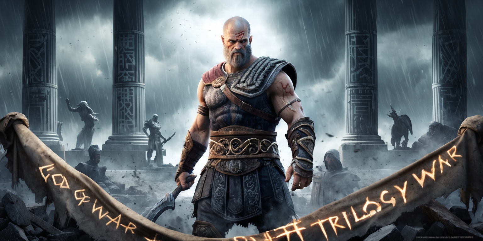 A haunting, atmospheric illustration depicting Kratos, the infamous God of War, standing amidst a stormy, ancient Greek-inspired backdrop, with eerie, glowing runes etched into the walls and columns, surrounded by shattered statues and debris, symbolizing the chaos and destruction that follows him. The God of War trilogy's iconic logo, adorned with Norse mythology-inspired patterns, is emblazoned on a worn, tattered banner draped across the foreground, with faint, glowing runes hinting at the impending remake. Kratos' rugged, worn face, with his signature scowl and scar above his left eyebrow, is illuminated by a faint, ethereal glow, as if the gods themselves are watching over him. The color palette is dark and ominous, with muted grays, blues, and golds, evoking a sense of ancient, foreboding prophecy.