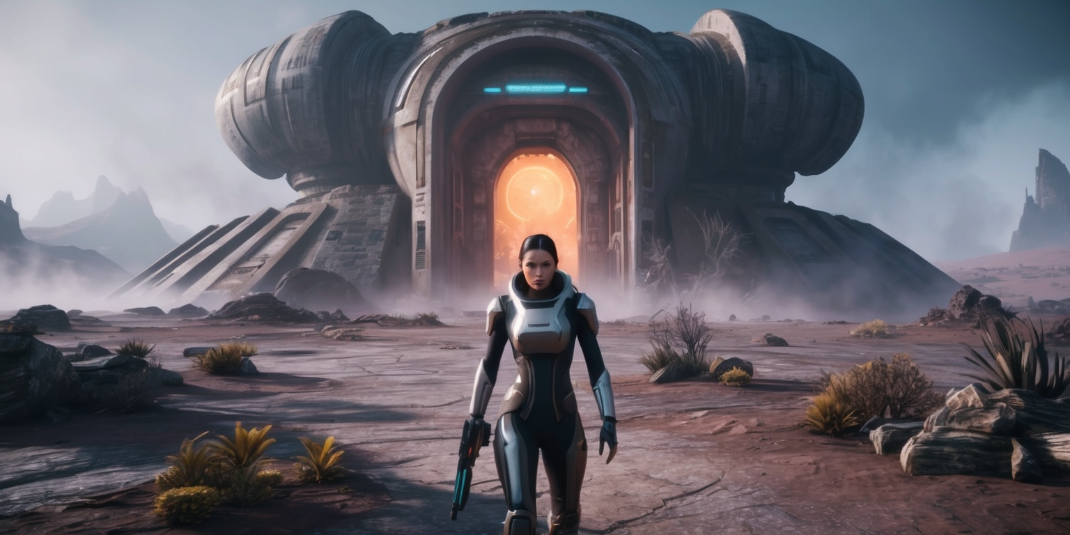 A futuristic sci-fi video game scene from The Outer Worlds 2, set in a distant planet with a rugged, barren landscape and a eerie, misty atmosphere, featuring a lone space explorer with a determined expression, wearing a sleek, high-tech spacesuit with a metallic finish, and holding a advanced laser rifle, standing in front of a massive, ancient alien structure with a mysterious, glowing entrance, surrounded by strange, alien flora and fauna, with a vibrant, otherworldly color palette and a blend of realistic and stylized visuals, in a widescreen format with a shallow depth of field, focusing on the explorer and the entrance, with subtle, nuanced lighting and detailed textures.