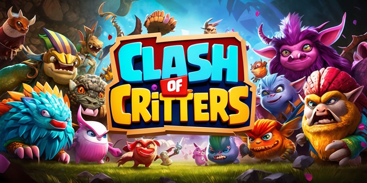 A vibrant digital illustration of the Clash of Critters game scene, featuring a variety of colorful fantasy creatures with diverse textures and patterns, set against a richly detailed background with a mix of earthy and mystical elements, the game's logo prominently displayed in bold, playful font with bright colors, the creatures arranged in a dynamic layout with some in the foreground and others in the background, each with unique facial features and expressions, amidst a flurry of movement and action, with subtle lighting effects and shading to enhance the overall visual appeal.