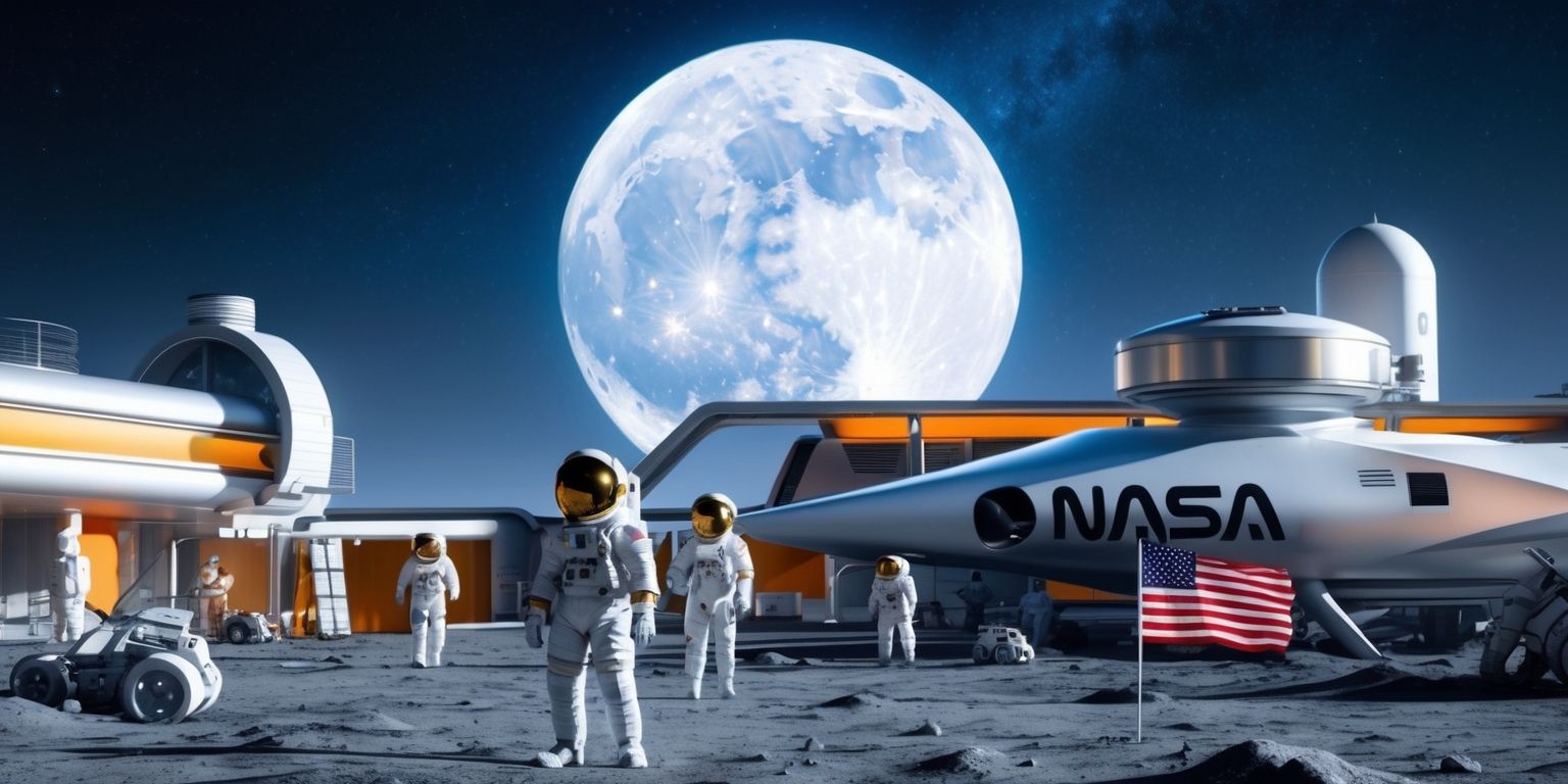 A futuristic lunar outpost scene set against a stunning starry night sky with a massive full moon hanging low, illuminated with soft blue and white hues, incorporating sleek and modern architecture with metallic surfaces and vibrant accents of orange and yellow, featuring astronauts in bulky white spacesuits with gold visors and oxygen tanks, surrounded by robotic equipment and spacecraft, with a subtle American flag planted firmly in the lunar soil, and a sleek silver spaceship with bold black lettering and a distinctive NASA logo emblazoned on the side, situated in the heart of the outpost, with a sense of adventure and discovery, as the astronauts explore the vast lunar terrain.