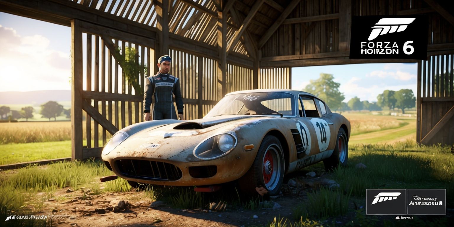 A detailed scene of a classic car being discovered in a rustic barn, surrounded by the lush countryside of Forza Horizon 6's open world, with a vintage sports car in the center, its body covered in dust and cobwebs, and the warm sunlight peeking through the barn's wooden slats, illuminating the car's sleek lines and vibrant colors, as a player character in a racing outfit stands beside it, admiring the find, with a mix of excitement and curiosity on their face, and the game's logo and menus subtly integrated into the scene, blending the thrill of treasure hunting, racing, and automotive history into a captivating visual representation of the game's immersive experience.