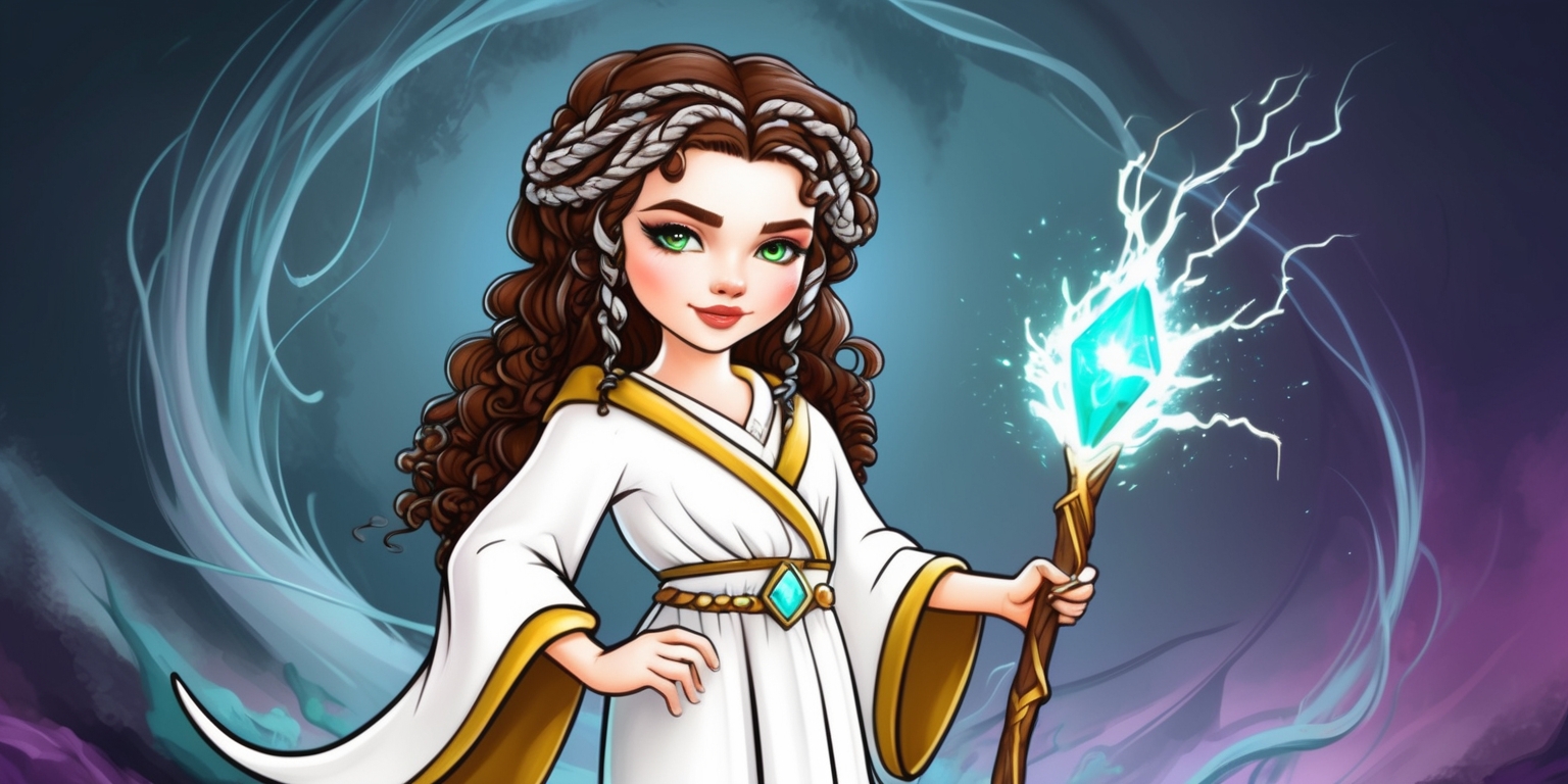 A whimsical illustration of Daphne, the protagonist from the Wizardry Variants game, standing confidently in a mystical environment, surrounded by swirling mist and wisps of magical energy, with a subtle gradient of deep blues and purples in the background, evoking a sense of mystery and wonder. Daphne's facial features are delicate, with porcelain skin and piercing emerald green eyes, her long, curly brown hair adorned with intricate, shimmering silver braids. She wears a flowing white robe with golden accents, cinched at the waist with a delicate crystal buckle, and holds a staff that crackles with energy, its tip adorned with a glowing turquoise gemstone. The overall style is reminiscent of classic fantasy illustrations, with bold lines, vibrant colors, and a sense of adventure, as if Daphne is about to embark on a perilous quest.