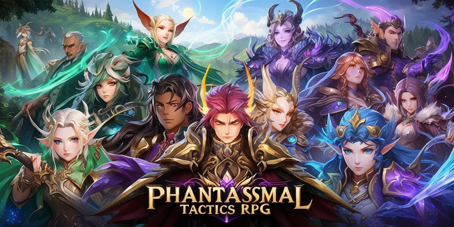 A vibrant and mystical scene depicting a Phantasmal Tactics RPG game, with a mix of fantasy creatures and heroes set against a backdrop of rolling hills and ancient forests, the characters are intricately designed with exquisite details, showcasing a variety of skin tones and facial features, with unique attributes such as pointed ears, glowing eyes, and elaborate hairstyles, the atmosphere is filled with magical auras and soft, glowing lights, the color palette is rich and diverse, with shades of emerald green, sapphire blue, and amethyst purple, the layout is dynamic, with characters positioned in a tactical formation, and the framing is cinematic, with a sense of depth and dimensionality, the overall style is reminiscent of anime and manga, with bold lines, intricate textures, and dramatic poses.