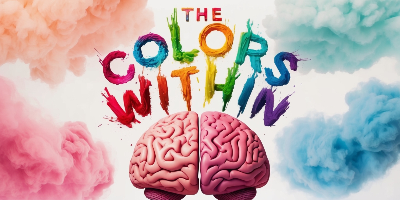 A surrealistic movie poster for The Colors Within featuring a vibrant, dreamlike background with swirling clouds of pastel hues, gradating from soft peach to powder blue. In the center, a stylized human brain is split open, revealing a kaleidoscope of colors bursting forth, symbolizing the explosion of creativity and emotions. The brain's surface is intricately detailed, with folds and grooves resembling an artist's palette. The title The Colors Within is emblazoned across the top in bold, cursive script, with letters morphing into rainbow-hued brushstrokes that evoke the artistic and emotional journey within. The overall style blends whimsical fantasy with a touch of psychological mystery, inviting the viewer to step into the vibrant world of the movie. The color palette is an eclectic mix of bright, pop art hues and softer, watercolor tones, creating a mesmerizing visual contrast.