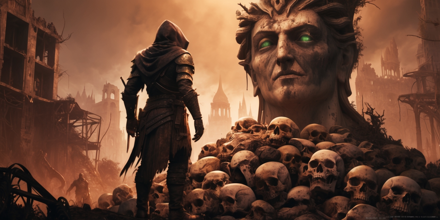 A dark fantasy action RPG scene from Path of Exile 2, set in a desolate, ruined cityscape with crumbling buildings, twisted metal, and overgrown vegetation, bathed in a warm, ominous orange glow. In the foreground, a lone, hooded exile, clad in tattered leather armor, stands atop a mountain of skulls, gazing up at a massive, ancient stone statue of a defeated deity, its face shattered and worn. The exile's face is obscured by the hood, with a glimpse of weathered, scarred skin and piercing green eyes. The atmosphere is heavy with foreboding, as if the city itself is watching the exile. In the background, a faint, ethereal glow hints at the presence of other exiles, struggling to survive in this unforgiving world. The image is rendered in a gritty, detailed style, with bold brushstrokes and textures, evoking a sense of gritty realism.