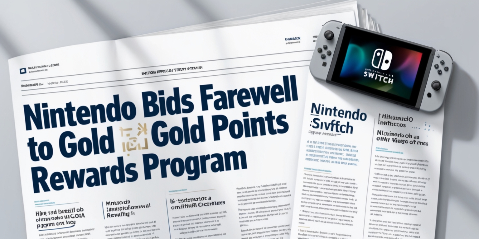 A modern, professional news article spread across a clean, white background, with a bold, sans-serif font in a dark blue tone, resembling a digital newspaper layout. The headline Nintendo Bids Farewell to Gold Points Rewards Program is prominently displayed in a slightly larger font size, with a subtle gradient effect to convey a sense of technology and innovation. The body text is organized into clear, readable paragraphs, with short summaries and bullet points to break up the content. A small, high-quality image of the Nintendo Switch console is placed in the top-right corner, with a faint shadow to give it a sense of depth. The overall aesthetic is sleek, sophisticated, and modern, evoking a sense of trustworthiness and authority.