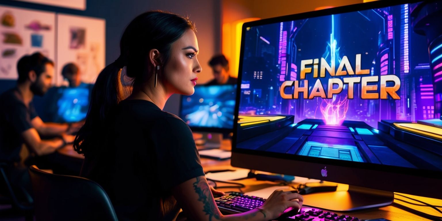 A close-up of a computer screen displaying the Final Chapter game, with a darkened room in the background, the creative team is seen working tirelessly, surrounded by concept art and storyboards, the screen shows a futuristic cityscape with vibrant neon lights, the game's logo is emblazoned in bold, metallic letters, the team's lead developer is seated, with a determined look on her face, her skin has a warm, golden undertone, her dark hair is tied back in a ponytail, she has a few tattoos on her arm, the overall atmosphere is one of focused intensity, the color palette is a mix of deep blues and purples, with accents of bright orange and yellow, the team's vision and dedication to delivering an immersive finale is palpable, the screen's glow illuminates the room, casting a warm light on the team's eager faces.