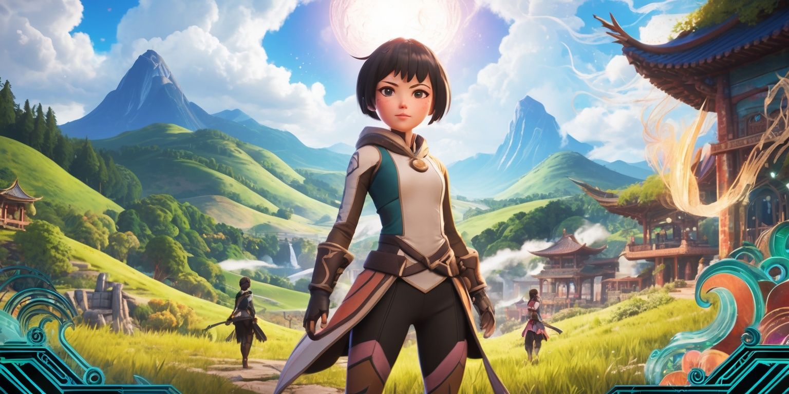 A visually stunning scene from the Genshin Impact game, featuring a beautiful fantasy landscape with rolling hills, lush green forests, and towering mountains in the background, set against a vibrant sky with fluffy white clouds, and a faint glow of elemental energies, with a few characters from the game, including a young female protagonist with short hair and a determined expression, dressed in a sleek outfit with a mix of earthy and pastel colors, standing bravely in the foreground, surrounded by intricate details and textures, with a mix of Asian-inspired architecture and mystical elements, and a sense of adventure and exploration, with bold lines, delicate patterns, and a mesmerizing color palette that blends seamlessly with the game's unique art style.