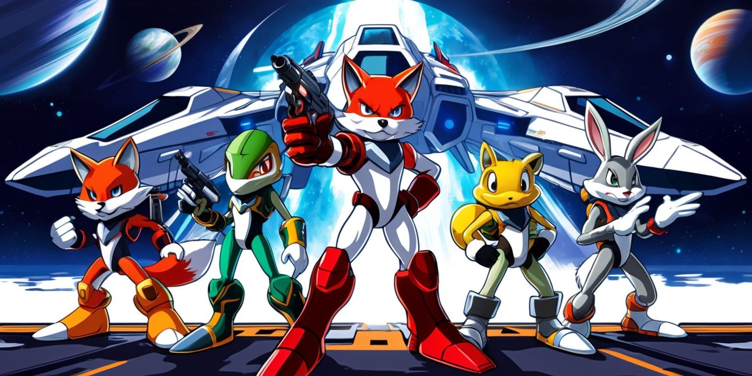 A vibrant illustration of the Star Fox team standing in front of their iconic Arwing ships, set against a stunning celestial background with stars, planets, and a sleek, futuristic aesthetic, featuring Fox McCloud with his distinctive red and white fur, Falco Lombardi with his sleek blue and white feathers, Slippy Toad with his yellow and green scales, and Peppy Hare with his grey and white fur, all wearing their signature pilots' helmets and posing heroically, with bold lines, dynamic shading, and a mix of digital and traditional media textures, capturing the essence of the beloved video game series in a colorful and action-packed scene.