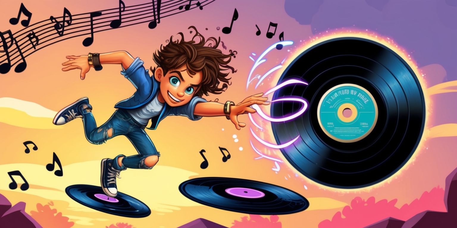 A vibrant, action-packed platform game scene set against a warm, sunset-inspired background with hints of orange, pink, and purple hues, featuring a dynamic protagonist, with bright blue eyes and messy, curly brown hair, wearing a pair of worn-out sneakers and ripped jeans, jumping between floating platforms shaped like vinyl records, amidst a whirlwind of musical notes and colorful sparks. The protagonist's arms are outstretched, grasping a vintage, vinyl-inspired musical Disc, adorned with intricate details and a shiny, metallic finish, which is emitting a soft, pulsing glow. The Disc is surrounded by a halo of light, symbolizing its connection to the customizable in-game soundtrack. In the background, subtle, stylized musical notes and staffs create a sense of rhythm and motion, with a few strategically placed Discs scattered throughout the level, beckoning the player to explore and collect them, all set against a visually striking, hand-drawn art style with bold lines and textures.