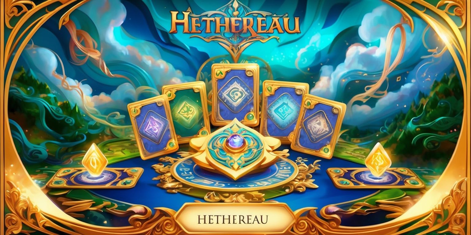 A vibrant digital illustration of a fantastical Hethereau game scene, with a mesmerizing blend of colors, including deep blues, radiant golds, and lush greens, set against a stylized background of swirling clouds and mystical landscapes, featuring intricate details and ornate patterns, with a focus on the game's central elements, including ornate cards, glowing runes, and delicate, filigree-like game pieces, all arranged in a harmonious, balanced composition, with soft, golden lighting and subtle, shimmering effects, inviting the viewer to step into the enchanting world of Hethereau.