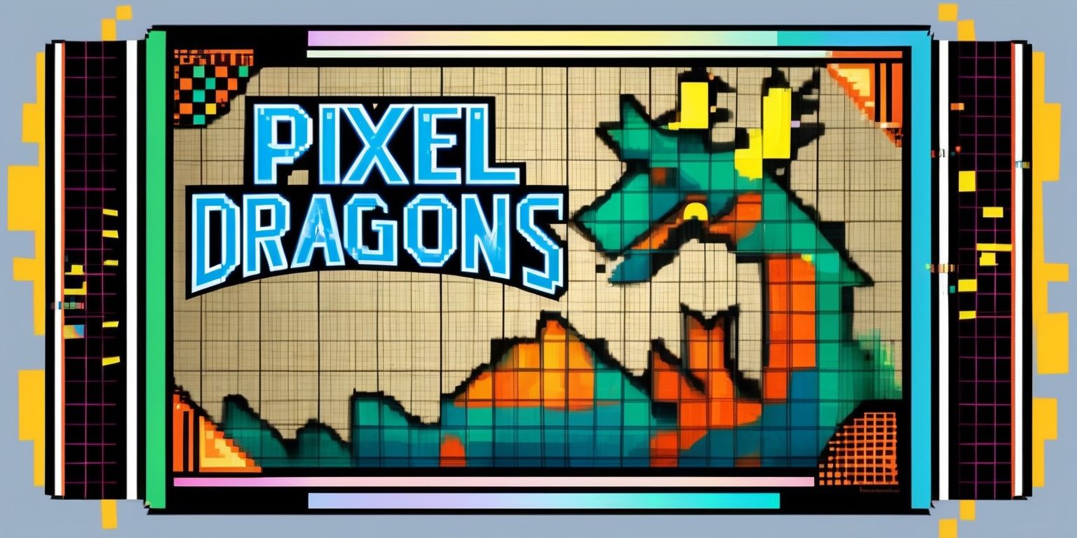 A vibrant digital artwork depicting a scene from the Pixel Dragons game, with a VHS-inspired aesthetic, featuring a mix of warm and cool colors, including shades of blue, green, and orange, showcasing a stylized pixelated dragon as the main subject, set against a grid-based background with subtle texture, surrounded by nostalgic arcade elements, with bold pixelated lines, geometric shapes, and a retro-style font displaying the game's logo in a bright, electric blue color, with the dragon's eyes and flames illuminated in a soft, pulsing yellow, and the overall composition framed by a thin, black border with a slight glitch effect to add a sense of retro futurism.
