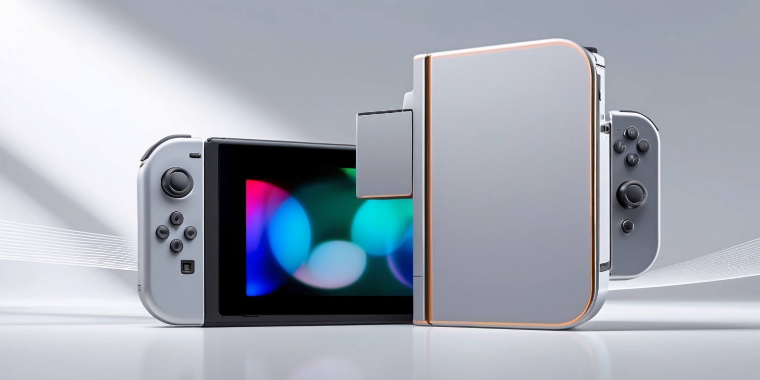 A sleek and modern Nintendo Switch game console, with a vibrant, high-gloss finish, featuring a prominent, silver-colored Joy-Con controller attachment on each side, with subtle, rounded edges, and a thin, LED-backlit screen display in the center, showcasing a captivating game in full color, set against a clean, minimalist background with soft, subtle gradient shadows, accentuating the console's futuristic design, with a delicate, hairline texture on the surface, and a subtle, curved lines that wrap around the device, giving it a sense of depth and dimensionality.