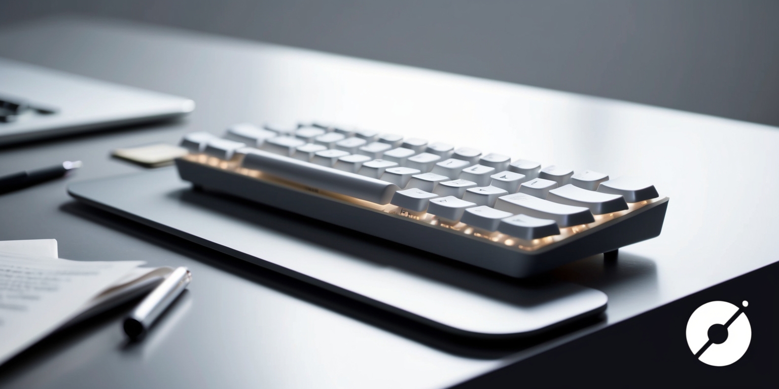 A close-up shot of a low-profile mechanical keyboard on a sleek, modern desk, with the keyboard's compact tenkeyless design and slim profile showcased against a clean, minimalist background, the keyboard's keys are backlit with a soft, white glow, and the switches are visible through the transparent keycaps, a few review notes and a pen are scattered around the keyboard, with a shallow depth of field blurring the surrounding environment, the overall color palette is a mix of dark grays, silvers, and whites, with the brand's logo subtly visible on the keyboard's top-right corner in a simple, sans-serif font.