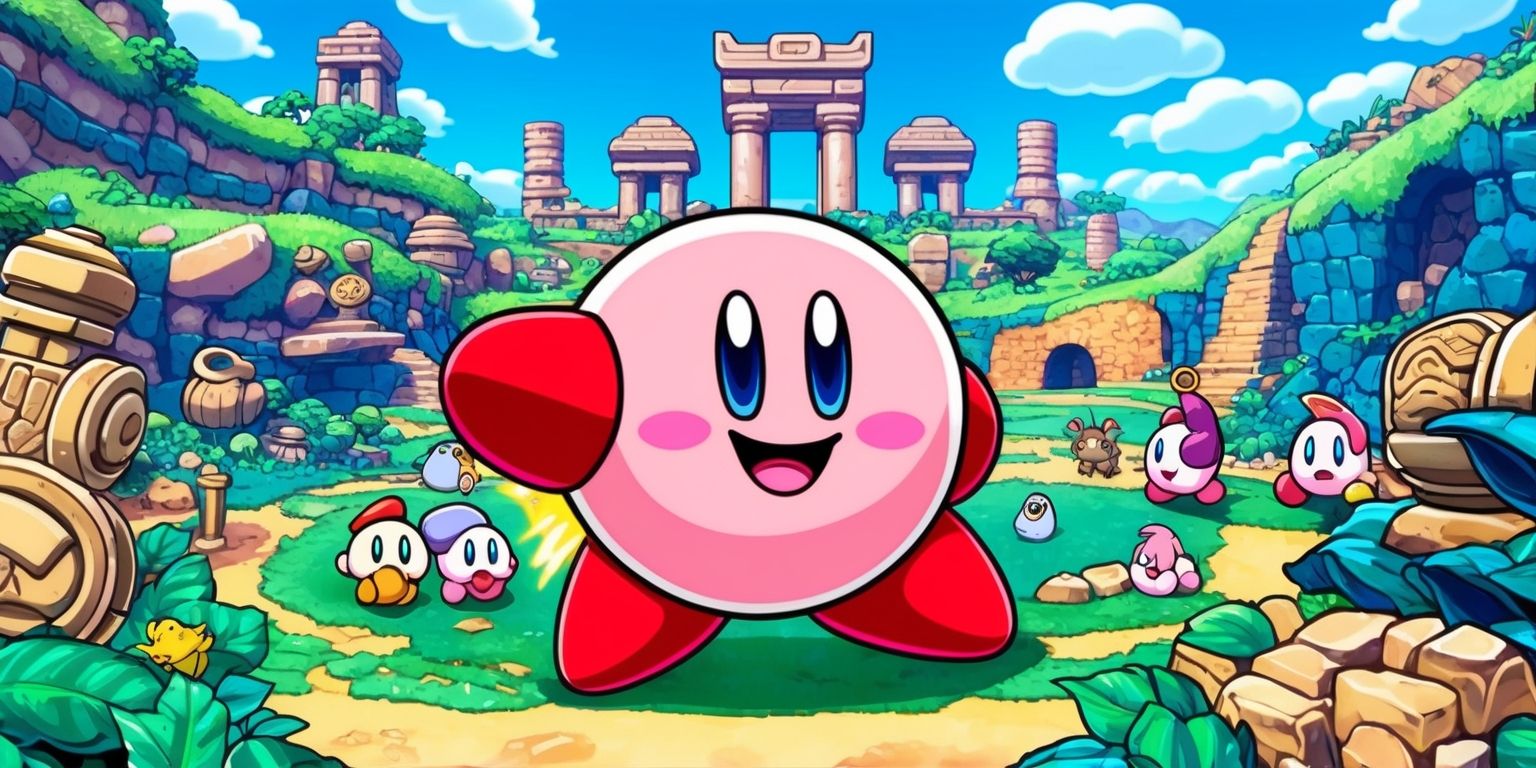 A colorful digital illustration of Kirby standing in a vibrant forgotten land filled with ancient ruins, lush greenery, and mysterious artifacts, with a bright blue sky and fluffy white clouds in the background, featuring Kirby's iconic round pink body, big blue eyes, and cheerful smile, surrounded by his copy abilities and forgotten land creatures, with a few Waddle Dees and other familiar characters from the Kirby series, all set against a stunning landscape with rolling hills, steep cliffs, and hidden temples, showcasing the expansion game's new worlds, powers, and adventures, with bold lines, soft textures, and a mix of warm and cool colors that bring the forgotten land to life.