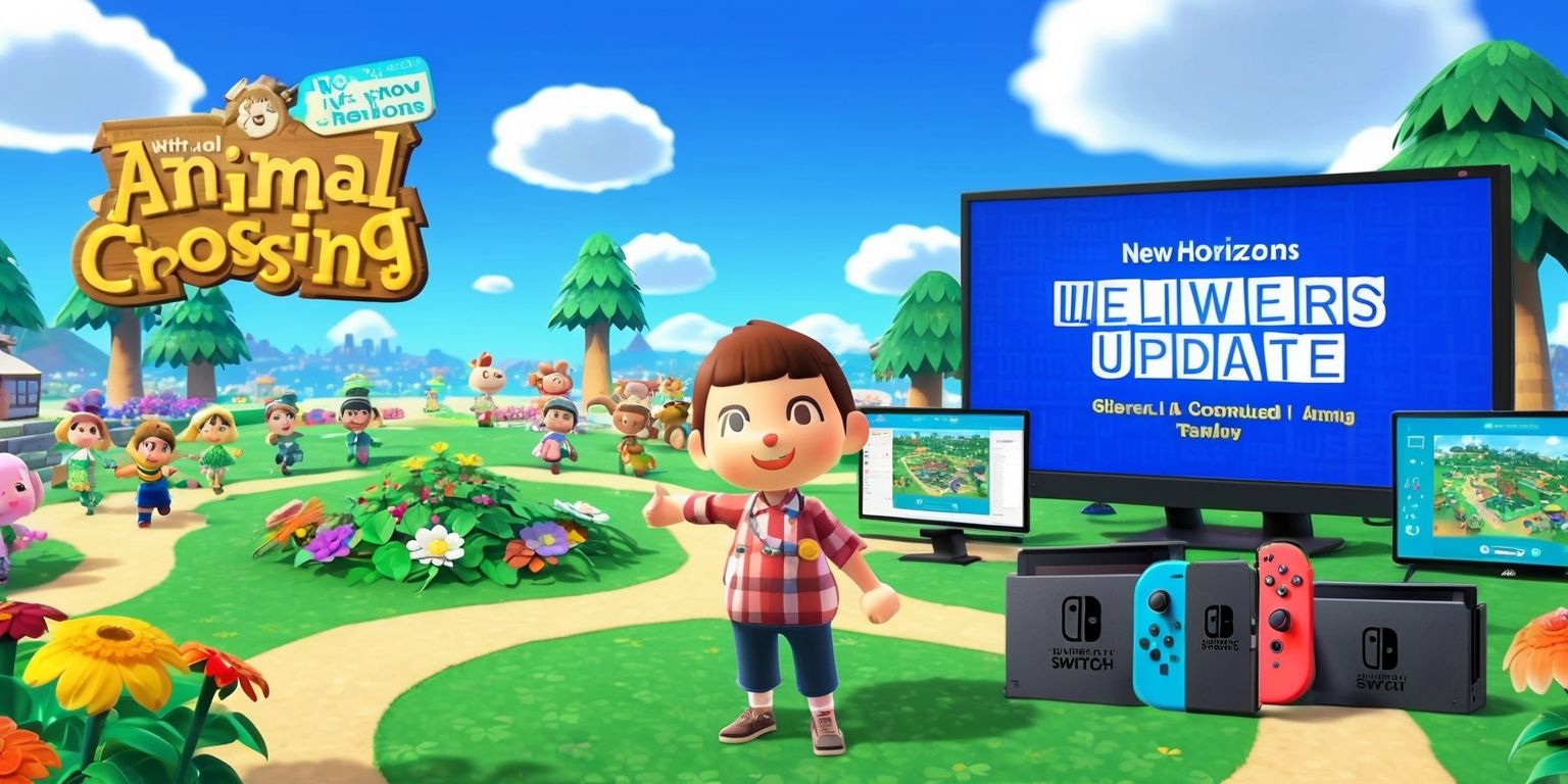 A colorful digital illustration of the Animal Crossing: New Horizons game update, featuring Tom Nook standing in front of a renovated island, surrounded by vibrant flowers, tall trees, and happy villagers, with a bright blue sky and fluffy white clouds in the background, and a large screen displaying the game's update details in a bold, white, sans-serif font, with various gaming consoles and devices such as a Nintendo Switch, a TV, and a computer, all connected to the internet, showcasing the update's new features and gameplay, with a mix of warm and cool colors, and a lively, energetic atmosphere, capturing the essence of the game's charm and excitement.