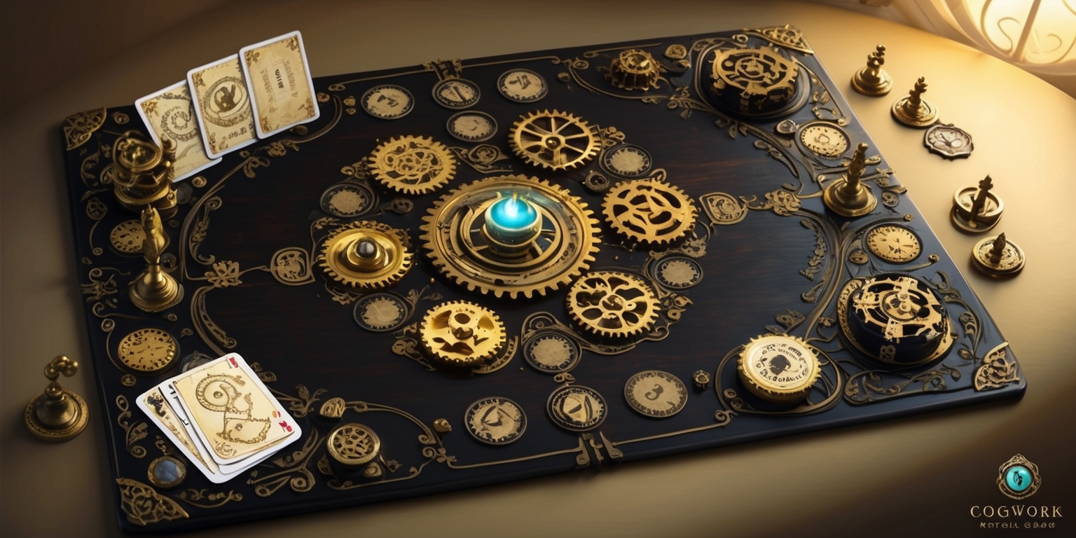 A mystical, intricately designed game board for Cogwork Enigma, with an assortment of golden gears, brass fixtures, and ornate, swirling patterns etched into a dark, polished wood surface, set against a warm, muted background with soft, golden lighting, and featuring various game pieces, including small, delicate clockwork mechanisms, and a set of cards with cryptic symbols and forgotten knowledge, all carefully arranged to evoke a sense of mysterious, Victorian-era ingenuity and puzzle-solving intrigue.