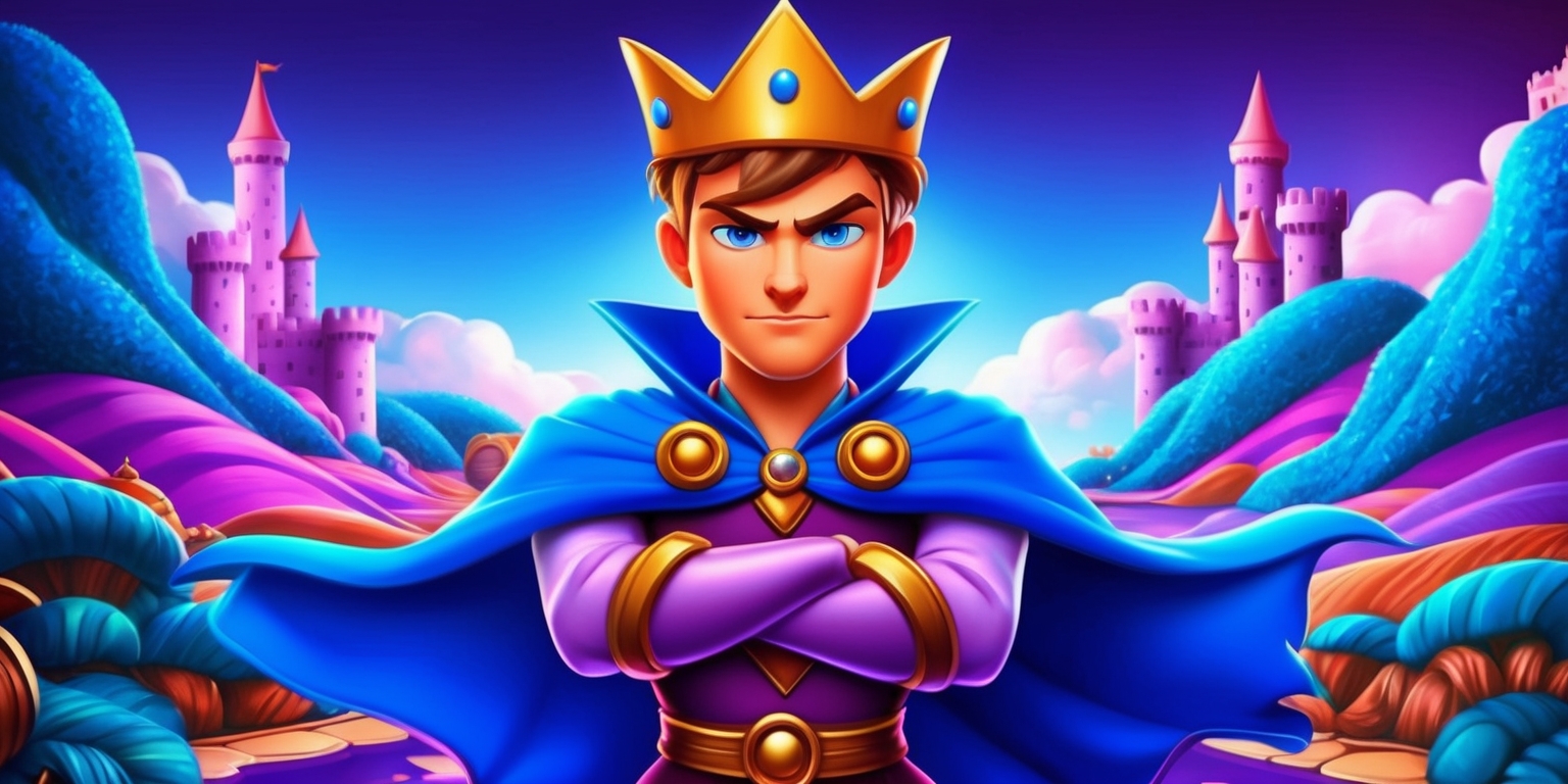 A vibrant digital illustration of the Blue Prince game, featuring a strong and courageous prince with a blue cape and a golden crown, standing heroically in the center, surrounded by a stunning blue and purple landscape with rolling hills and towering castles in the background, the prince has a determined expression on his face with bright blue eyes and a strong jawline, his skin has a warm golden undertone, the colors are rich and bold with a mix of bright blue, purple, and gold, the style is reminiscent of a fantasy adventure game with intricate details and textures, the layout is dynamic with the prince at the forefront and the landscape fading into the distance.
