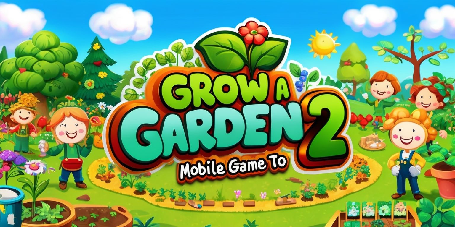 A vibrant and colorful illustration of a mobile game titled Grow a Garden 2, with a lush green garden landscape, various cartoonish plants, flowers, and trees, a bright blue sky with fluffy white clouds, and a few friendly gardening characters with smiling faces, rosy cheeks, and distinctive outfits, surrounded by gardening tools, seeds, and other game elements, with the game's logo prominently displayed in bold, curly font with green and blue letters, and a tagline written in smaller text below the logo in a simple, sans-serif font, all set against a warm and inviting background that showcases the game's whimsical and educational atmosphere.