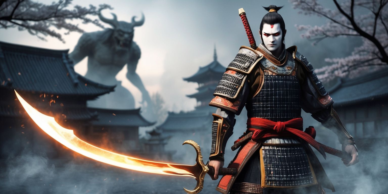 A dark fantasy action-adventure scene inspired by Nioh 3, set in feudal Japan with a haunting atmosphere, featuring a brave samurai warrior with sharp facial features and pale skin, wearing traditional Japanese armor with a mix of earthy tones and metallic colors, standing heroicly in front of a blurred backdrop of a ancient Japanese village with cherry blossom trees, surrounded by faint eerie mist, with a giant oni monster looming in the distance, the warrior holding a glowing sword with a unique curve and intricate design, the scene is lit by a combination of soft sunlight and fiery torches, casting dramatic shadows on the ground, with a subtle gradient of grays and blues to convey a sense of mystery and danger.