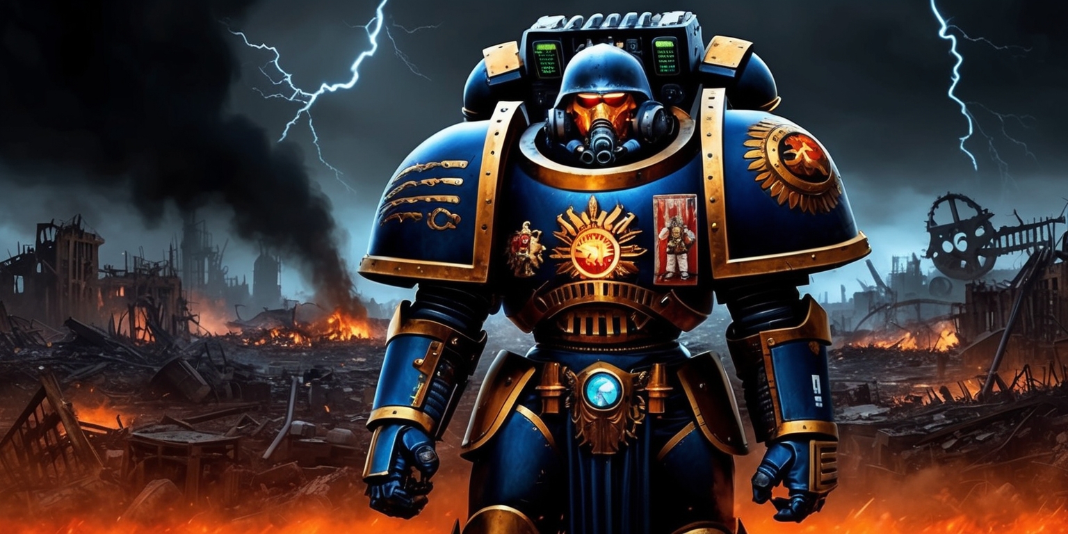 A gritty, dark, and ominous digital illustration of a Space Marine from the Warhammer 40,000 universe, standing heroic and imposing, clad in iconic power armor adorned with intricate gold trim and symbols of the Imperium of Man. The Space Marine's faceplate reflects a fiery, apocalyptic landscape, with glowing blue optics radiating an aura of intensity and determination. In the background, a ravaged, war-torn cityscape stretches into the distance, with ruined buildings, twisted metal, and smoldering fires, illuminated by an eerie orange glow. The atmosphere is heavy with smoke and ash, with lightning crackling across the dark, foreboding sky. The overall aesthetic is dark, gritty, and foreboding, evoking a sense of unrelenting fury and unyielding defiance.