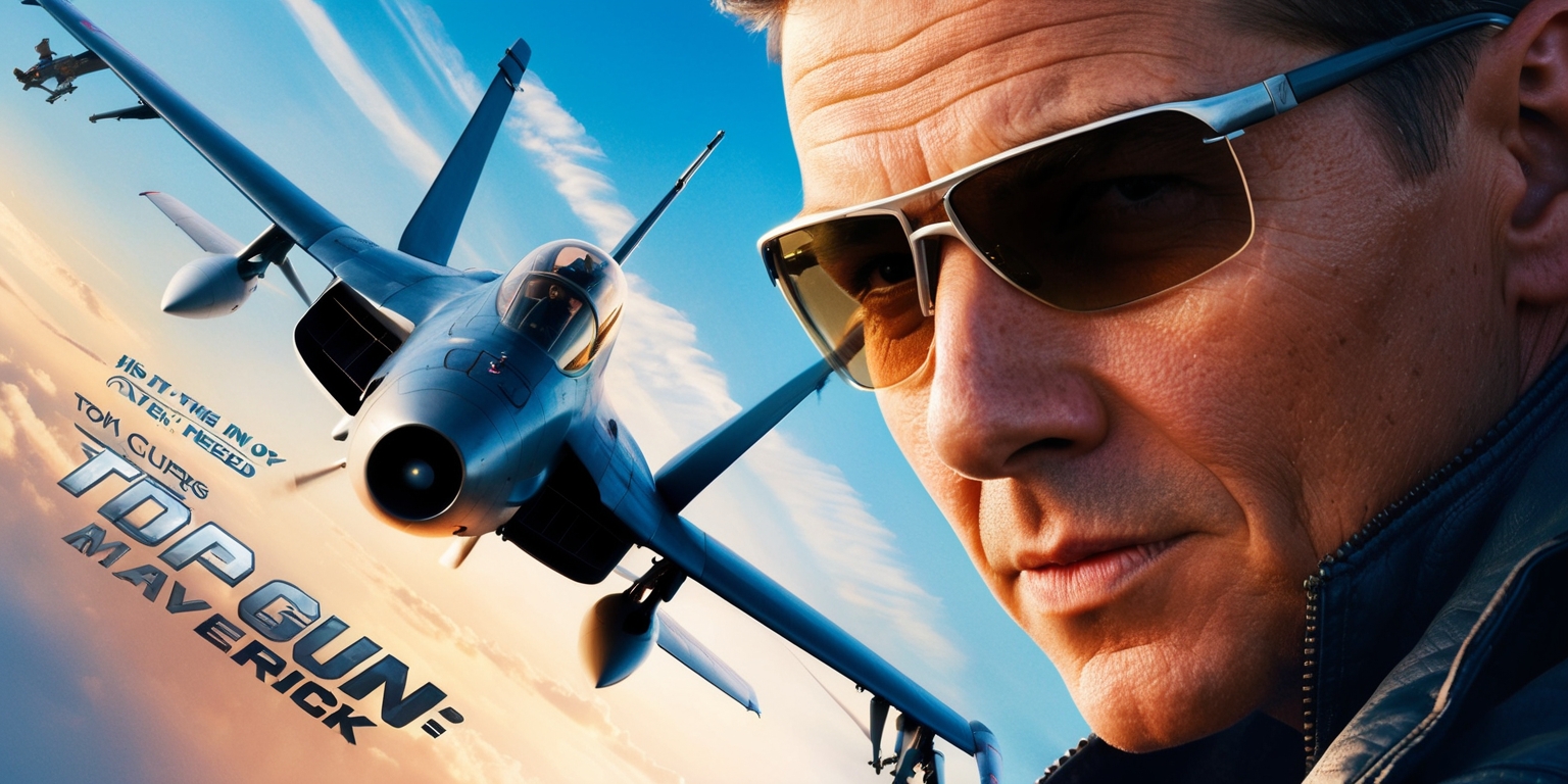 A cinematic poster featuring the iconic F/A-18 Hornet jet soaring through a brilliant blue sky with wispy clouds, against a warm golden light, evoking a sense of nostalgia and aerial action. In the foreground, a close-up of Pete Maverick Mitchell, played by Tom Cruise, donning his signature aviator sunglasses and a determined expression, with a hint of a smirk on his face, exuding confidence and charisma. His skin has a warm, sun-kissed glow, and his hair is slicked back, revealing his sharp facial features. The title Top Gun: Maverick in bold, metallic silver font, with a subtle gradient effect, is emblazoned across the top of the poster, while the tagline Feel the need, the need for speed in a curved line, written in a stylized, cursive font, adds a sense of dynamism and energy to the overall design.