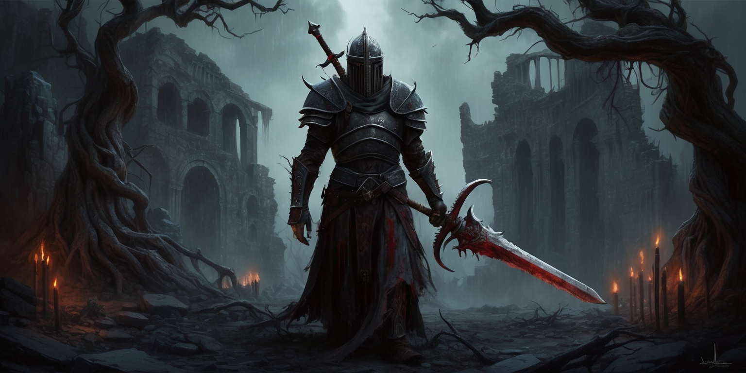 A hauntingly lit, atmospheric scene depicting a lone, armored warrior standing victorious amidst a desolate, ruined landscape in a dark fantasy world, with twisted, gnarled trees and crumbling stone structures looming in the background, their rugged textures and eerie shadows evoking a sense of foreboding and danger, the warrior's facial features obscured by a helmet adorned with intricate, gothic details, their skin a weathered, ashen tone, clad in worn, dark leather armor with hints of crimson accents, wielding a heavy, ornate sword that seems to hum with dark energy, the atmosphere thick with an aura of mystery and malevolence, illuminated only by the faint, flickering glow of distant torches or candles, the overall aesthetic dark, gritty, and painterly, with bold brushstrokes and vivid, muted colors that evoke a sense of heavy metal and ancient, mystical tomes.