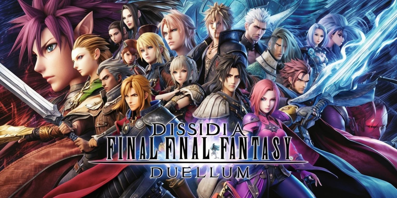 A vibrant and dynamic illustration of a battle scene from Dissidia Final Fantasy Duellum, featuring a diverse cast of iconic characters from the Final Fantasy series, with detailed facial features, varied skin tones, and distinctive clothing, set against a richly colored and intricately designed background, with dramatic lighting effects, and a sense of intense action and movement, incorporating stylized visual elements and subtle textures, with the game's logo prominently displayed in a bold, futuristic font, in a visually striking and immersive digital art style.