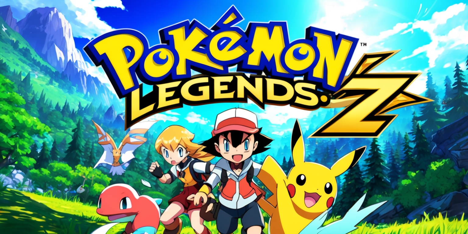 A vibrant video game poster for Pokémon Legends: Z-A, featuring a dynamic composition with the game's protagonists and pokémon, set against a stunning natural landscape with lush green forests, towering mountains, and a bright blue sky, the characters are designed in a stylized anime-inspired style with bold lines and bright colors, the title Pokémon Legends: Z-A is emblazoned in bold, golden font with a metallic sheen, at the top of the poster, while the game's logo is prominently displayed at the bottom, the overall mood is one of adventure and excitement, with a sense of wonder and discovery.