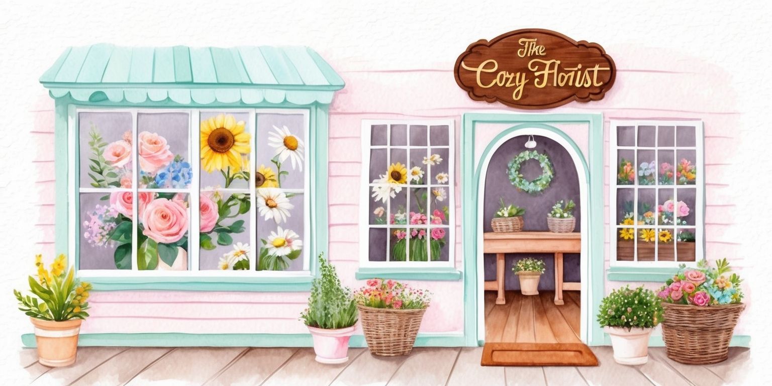 A warm and inviting illustration of a quaint florist shop, with a soft watercolor style and pastel colors, featuring a delicate color palette of pale pinks, baby blues, and mint greens, with large windows showcasing an assortment of vibrant flowers, including roses, daisies, and sunflowers, and a charming wooden sign with elegant golden lettering that reads The Cozy Florist, above a cheerful doorway with a welcome mat and a few potted plants, set against a gentle white background with subtle texture, evoking a sense of serenity and warmth, with the shop's interior visible through the windows, revealing a cozy workspace with a wooden worktable, wicker baskets, and a few floral arrangements in various stages of creation.